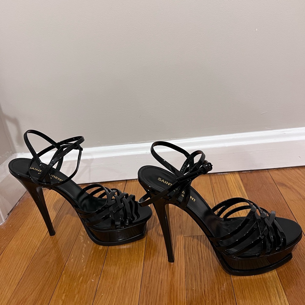 Saint Laurent YSL Black Patent Leather Tribute Cage Platform Criss Cross Heel 37 - Picture 5 of 10